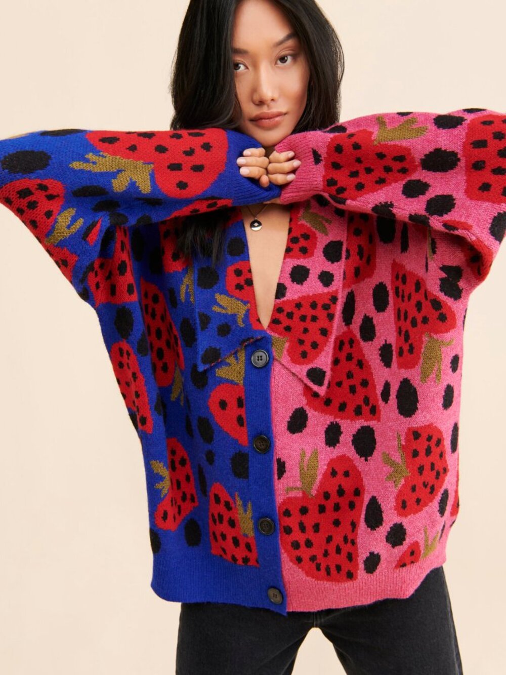 FARM Rio Strawberry Hearts Cardigan Sweater – Pink & Blue Split Print (Size M) - Picture 4 of 8